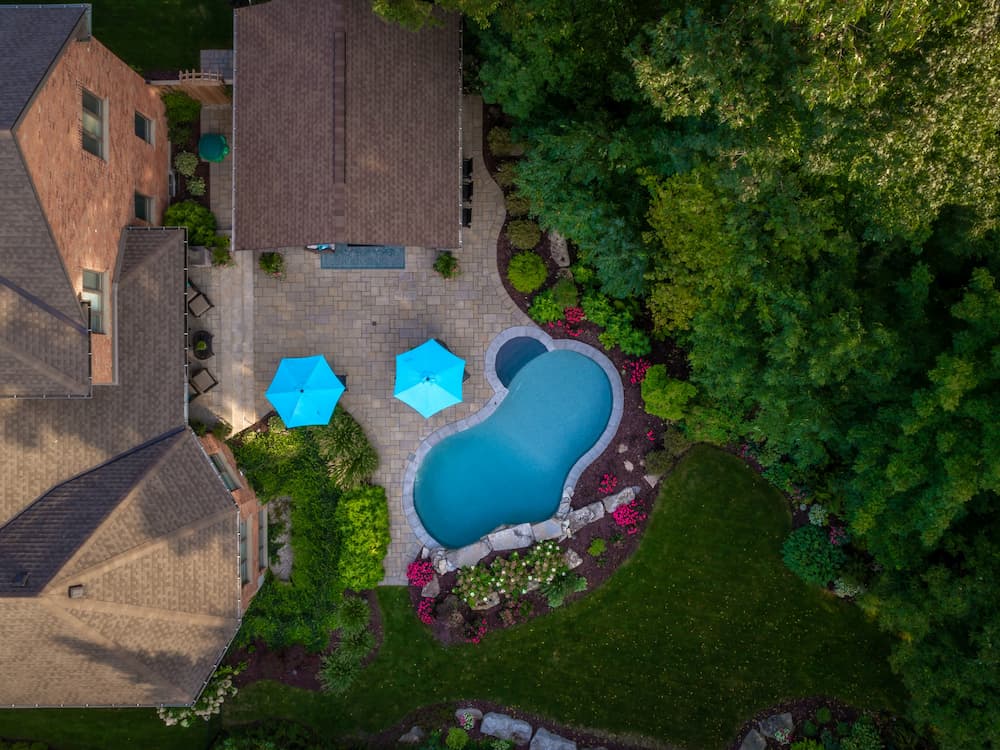 Birdseye view of backyard with pool