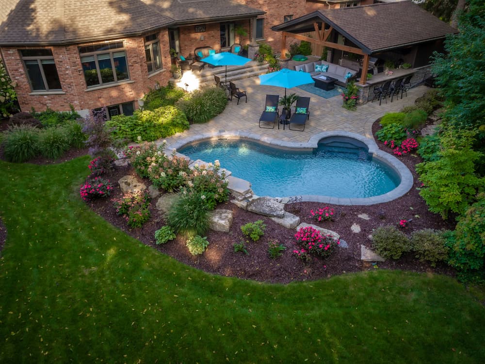 Overview of pool with garden